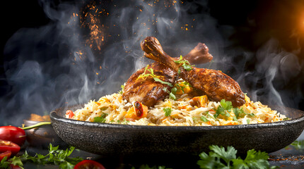 Delicious chicken biryani dish with aromatic spices and herbs