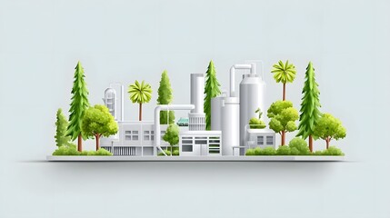 Conceptual illust n of a clean white industrial factory integrated seamlessly with vibrant green trees and foliage representing eco friendly development and harmony