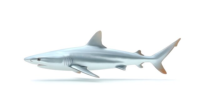 Detailed 3D render of a majestic silver blue shark in a side profile highlighting its sleek physique dorsal fin and powerful tail presented on a clean white studio background