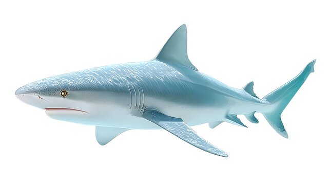 A detailed 3D illust n of a sleek powerful shark rendered with textures and lighting presented isolated on a white backdrop to emphasize its aquatic prowess