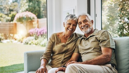 Happy senior Caucasian couple smiling warmly while sitting on a comfortable sofa in a sunlit living room with a beautiful garden view.