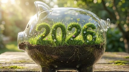 Piggy bank showing green grass forming the year 2026 inside, representing concepts of future financial growth, environmental investment, sustainable savings, and planning for the new year