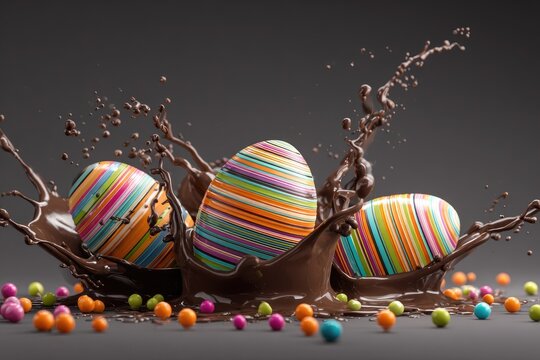 Easter eggs with colorful stripes emerge from a chocolate splash, surrounded by sprinkles
