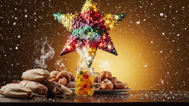 Las Posadas festival food elements tamales, bu&ntilde;uelos, and ponche warm drink with steam rising softly