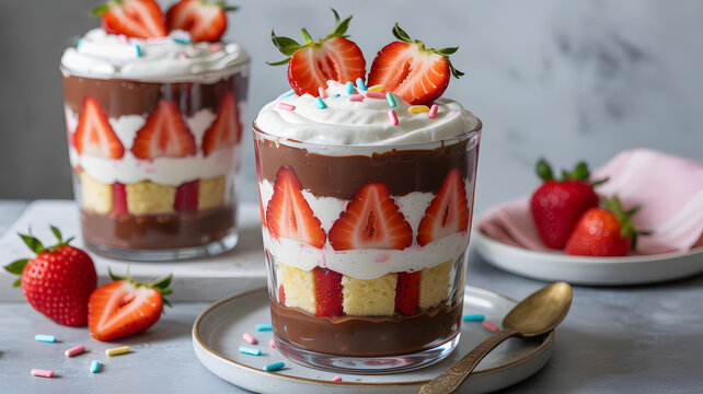 Decadent chocolate strawberry layered dessert in glasses