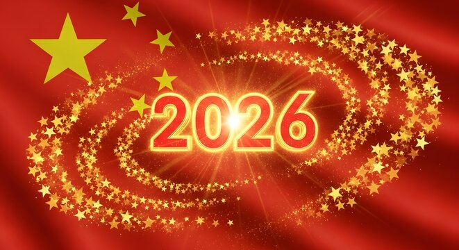 Golden stars swirl around the year 2026 on a vibrant red chinese flag background illustration