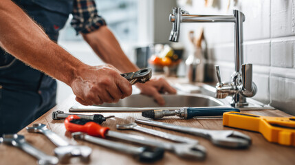 Plumber Fixing Kitchen Sink with Tools Spread Out