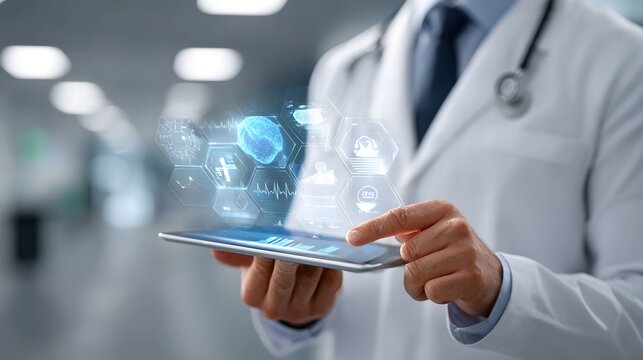 Professional physician interacting with advanced digital technology visualizing patient data and brain scans via a holographic medical interface on a tablet device - Powered by Adobe