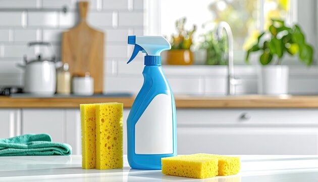 Blue spray bottle and yellow sponges on a white kitchen counter - Powered by Adobe