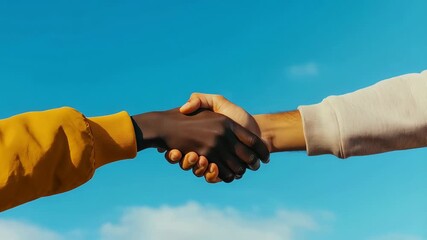 Diverse hands shaking against blue sky background  