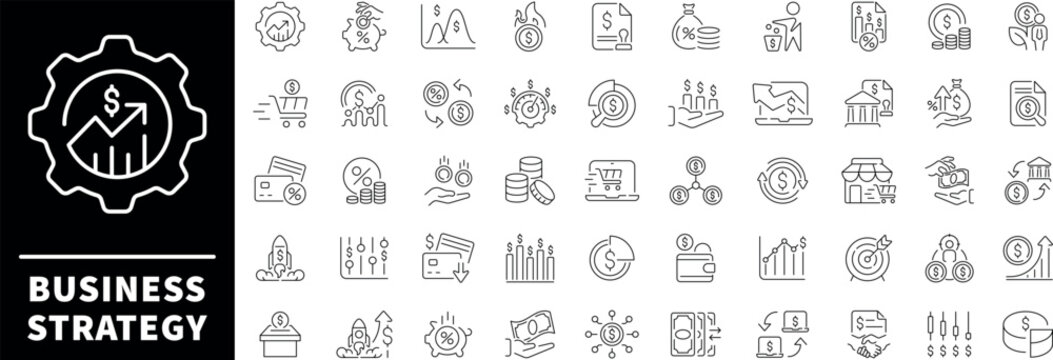 Business strategy vector icons in line style. Business strategy related icons collection. Outline business icons