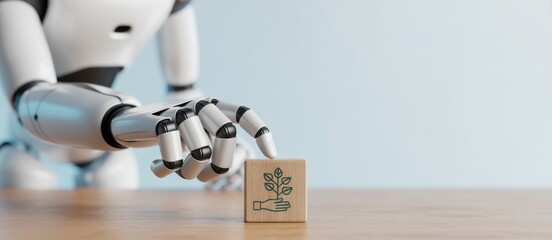 Robot Hand and Sustainable Eco Concept: The mechanical hand of a robot gently interacts with a wooden block featuring an eco-friendly icon, symbolizing sustainable technology.