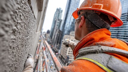 Professional photo, construction worker in orange hardhat applying plaster to exterior wall of high-rise building, 