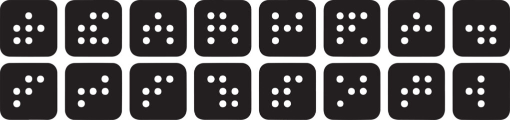 Collection of black dice displaying braille numbers in two rows