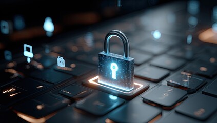 Glowing padlock on keyboard, representing security and protection. Blurry background. Close-up. Dark