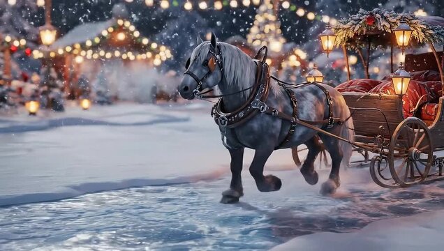 Quebec Winter Carnival banner video, horse-drawn sleigh gliding slowly through snow