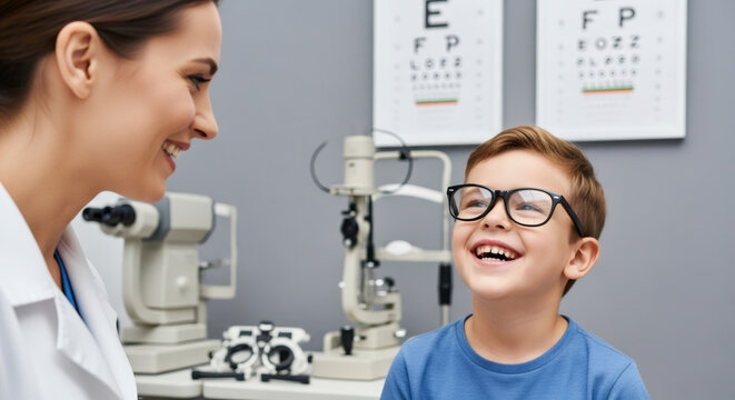 Young boy with glasses enjoys a cheerful interaction with female optometrist in a contemporary eye clinic, featuring advanced optical tools and eye charts for a professional atmosphere