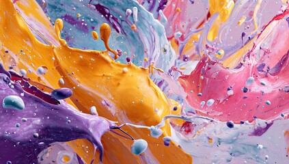 Close-up view of vibrant, multi-colored paint splashes, creating a dynamic and abstract composition