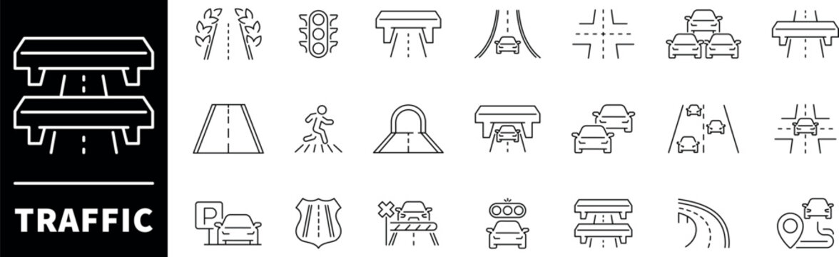 Traffic vector icons in line style. Traffic icons set. Transport and traffic related icons