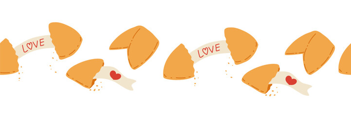 Fortune love cookies seamless border frame. Valentine’s day decor. Cute flat vector illustration for banners, packaging design, print, adhesive tape, washi tape, stripe for scrapbook design