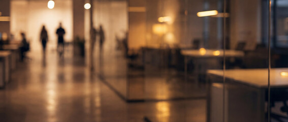 Modern coworking space rendered in soft-focus blur with silhouetted people walking through a warm-toned office