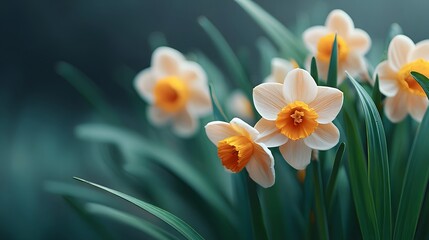 Softly lit cluster of pale yellow and white daffodils with bright orange trumpets and lush green leaves showcasing the fresh beauty of spring s arrival