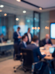 Defocused background of a business meeting environment with seated and standing corporate executives