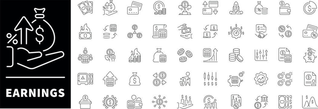 Earnings vector icons in line style. Earnings icons set. Earnings, revenue and profit outline icons set