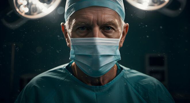 elderly surgeon doctor wearing surgical mask and cap, looking confidently at camera in an operating room, illuminated by bright surgical lights, showcasing professionalism and dedication to healthcare