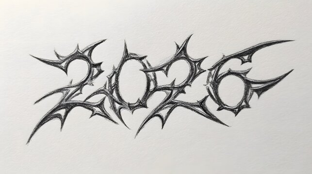Pencil drawing of the year 2026 rendered in a highly stylized spiky gothic and tribal ic font showcasing intricate details and a monochrome palette