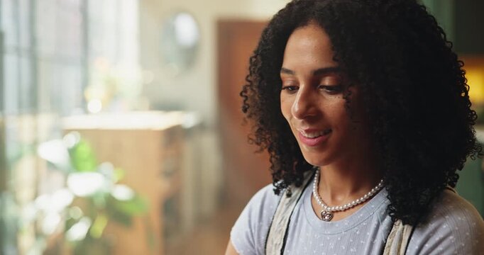 Thinking, woman and inspiration in home with freelance planning for goals, creative ideas or memory. Remote work, reflection and female person in apartment for self improvement, thoughts or insight