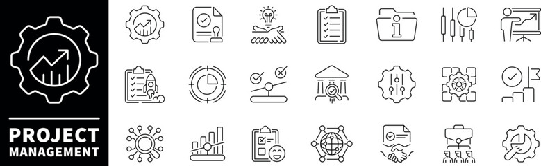 Project management vector icons in line style. Project management related icons. Outline management icons set