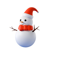 snowman with red santa hat front view 3d object cartoon white transparent background	