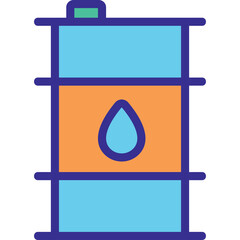 A blue and orange industrial barrel icon with a light blue water drop symbol in the center against a transparent background symbolizing liquid storage or transport
