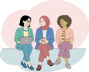 Diverse Women Friends Talking and Drinking Coffee Illustration