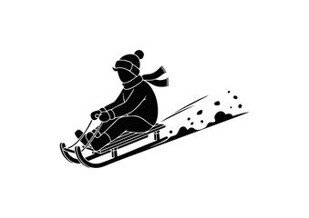 A simple black and white vector illustration of a person on a sled enjoying a fast ride down a snow-covered slope