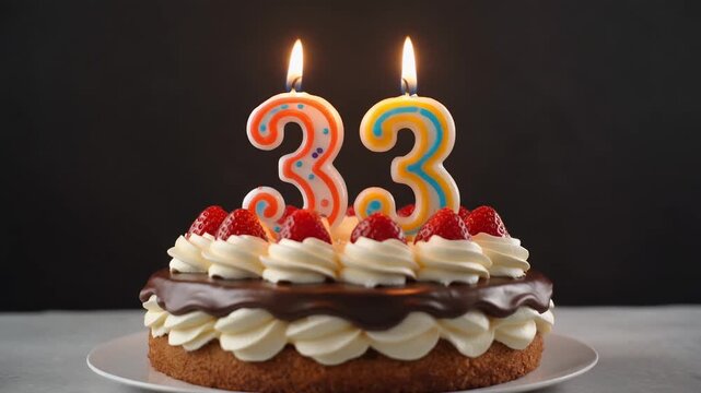 Decorated cake with candle in number 33. Video for birthday or anniversary party and celebration