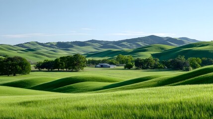 Fototapeta premium Scenic panoramic view of lush verdant rolling hills and meadows bathed in sunlight with scattered oak trees and a small rural building in the distance under a vast clear blue sky
