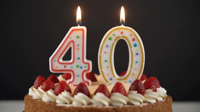 Decorated cake with candle in number 40. Video for birthday or anniversary party and celebration