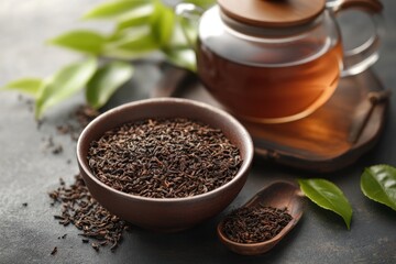 A close-up shot of a steaming cup of tea on a wooden coaster, surrounded by lush green leaves and a dark, textured surface.