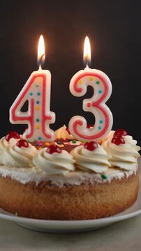 Decorated cake with candle in number 43. Video for birthday or anniversary party and celebration