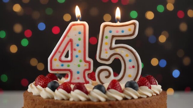 Decorated cake with candle in number 45. Video for birthday or anniversary party and celebration