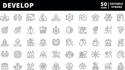 Develop vector icons in line style. Development icons set. Outline progress icons
