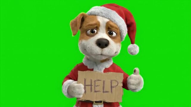 Emotional 3D Animated Dog in Santa Costume Holding a Pleading 'Help' Sign on Green Screen Background for Charity or Donation Campaign.