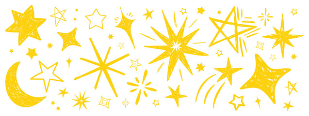 Star doodles set. Cute hand drawn stars, moon, bursts and cosmic shapes. Simple sketch style elements for kids designs, holiday decor, stickers and seamless patterns. Vector illustration. © Hanna Bykova
