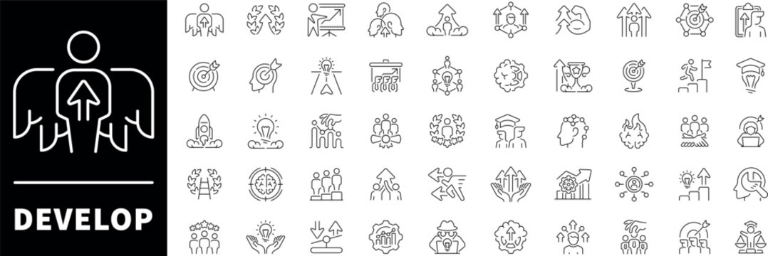 Develop vector icons in line style. Development, progress, develop, upgrade icons collection.