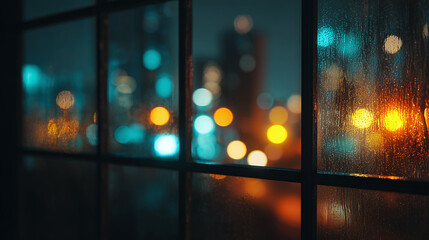 Rainy night bokeh through the window. The window frame separates the rain bokeh and background.