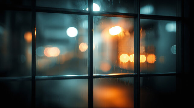 A blurred view through a window, showing city lights at night, creating an atmospheric ambiance. The raindrops adds texture to the glass