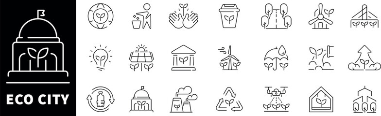 ECO city vector icons in line style. Green city icons set. ECO city related icons