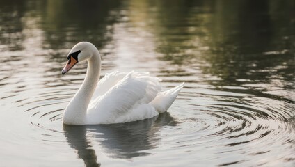 Naklejka premium Elegant white swan gracefully swimming on a tranquil lake.
